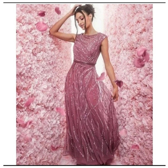Mac Duggal 5445 Purple Pink Plum 12 Cap Sleeve Embellished Evening Gown Dress - Picture 1 of 12